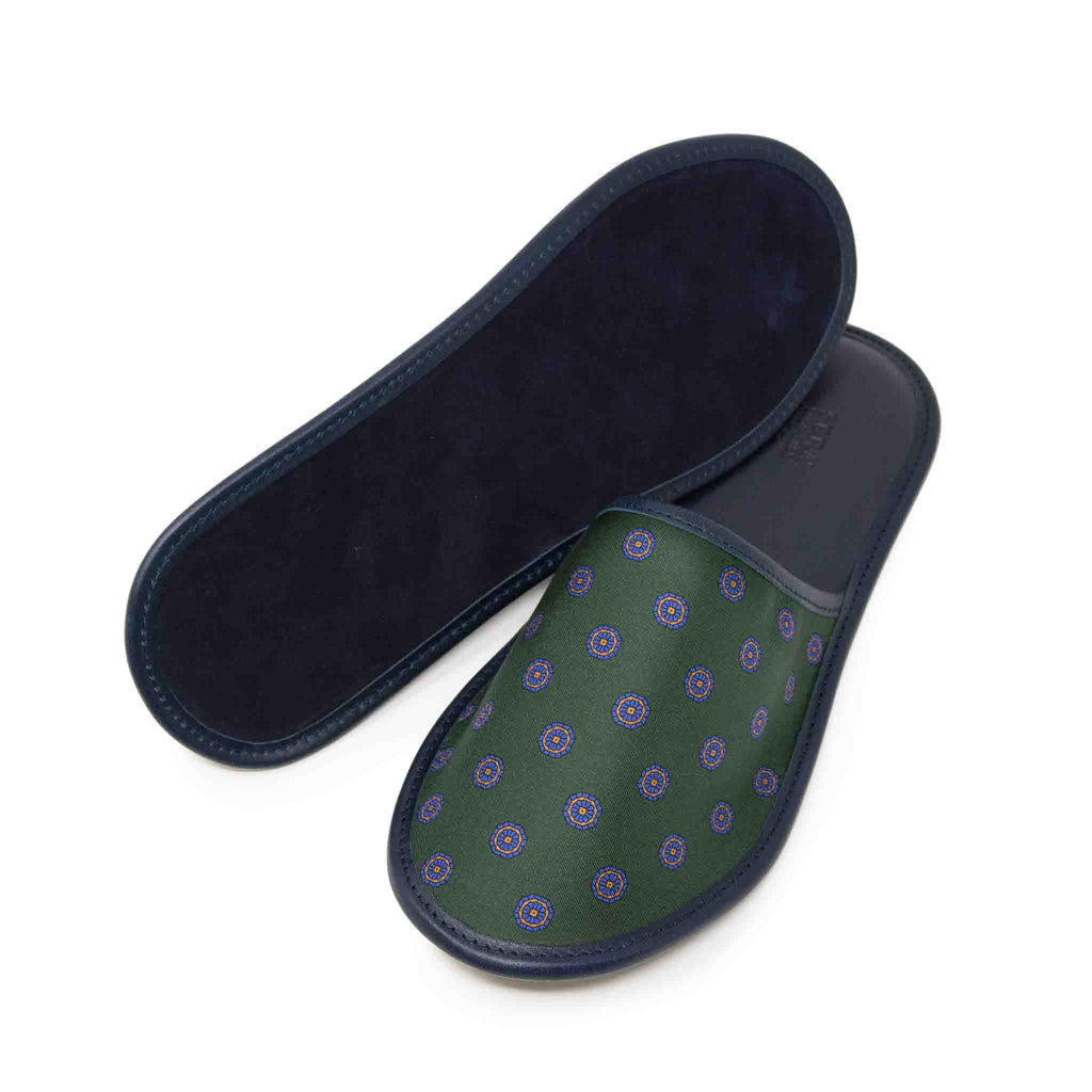SERA FINE SILK - green blue medallions silk leather slippers