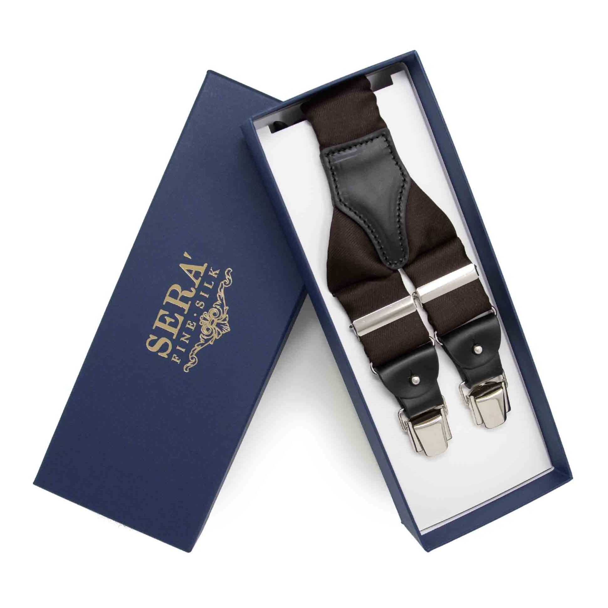 Brown Silk Suspenders - Black Leather
