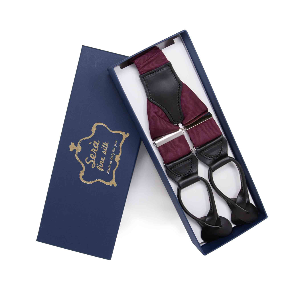 burgundy moire button only silk suspenders - serà fine silk