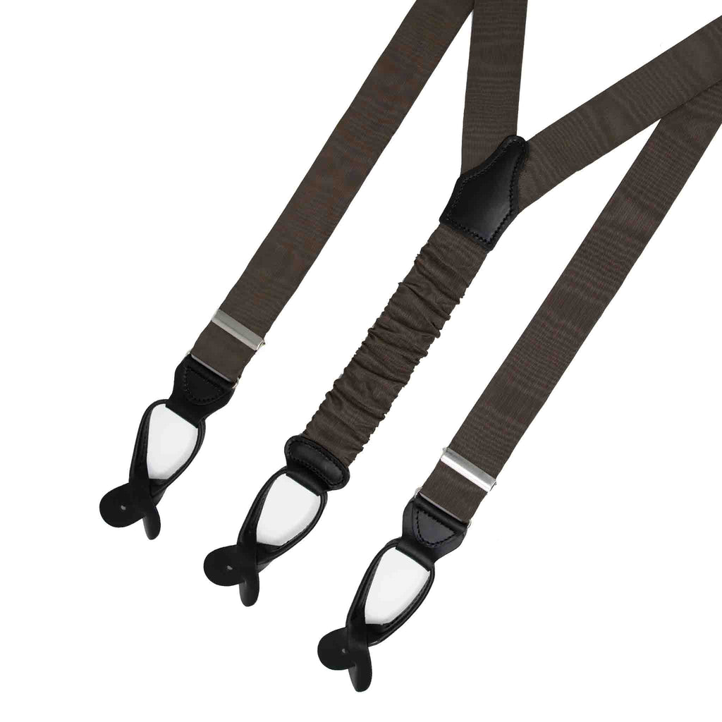SERA FINE SILK - brown moire button only silk suspenders