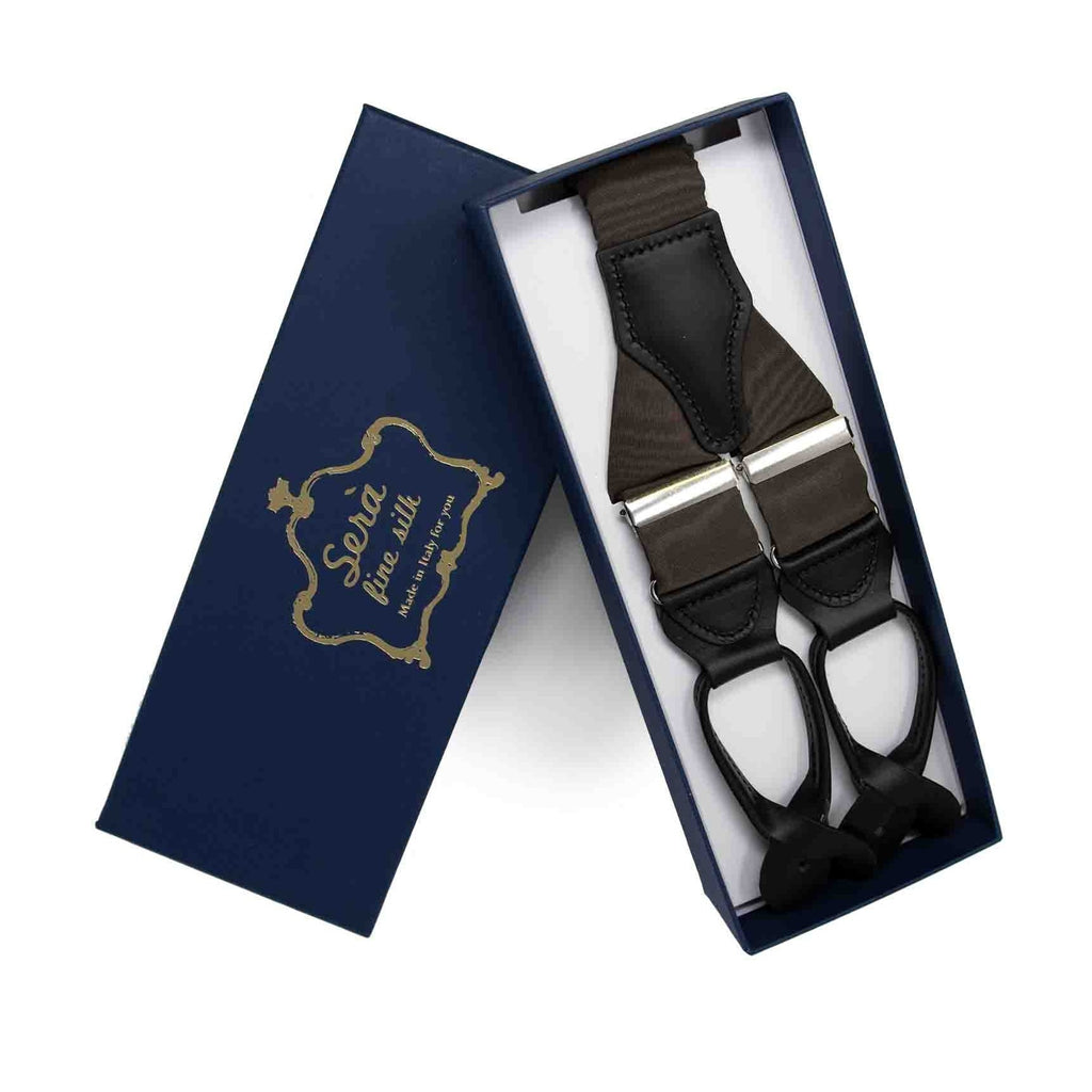 SERA FINE SILK - brown moire button only silk suspenders