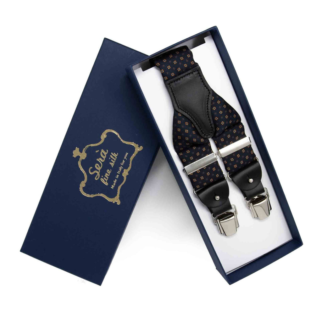 navy blue with small flowers silk suspenders - serà fine silk