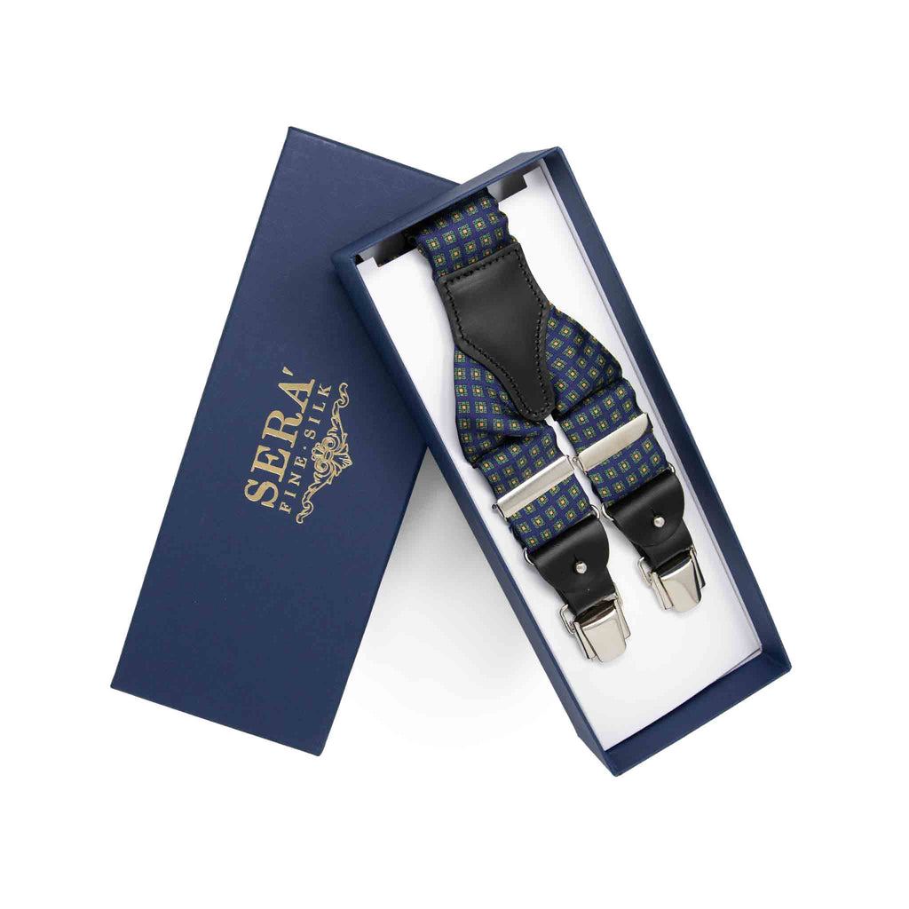 blue and green squares silk suspenders - serà fine silk
