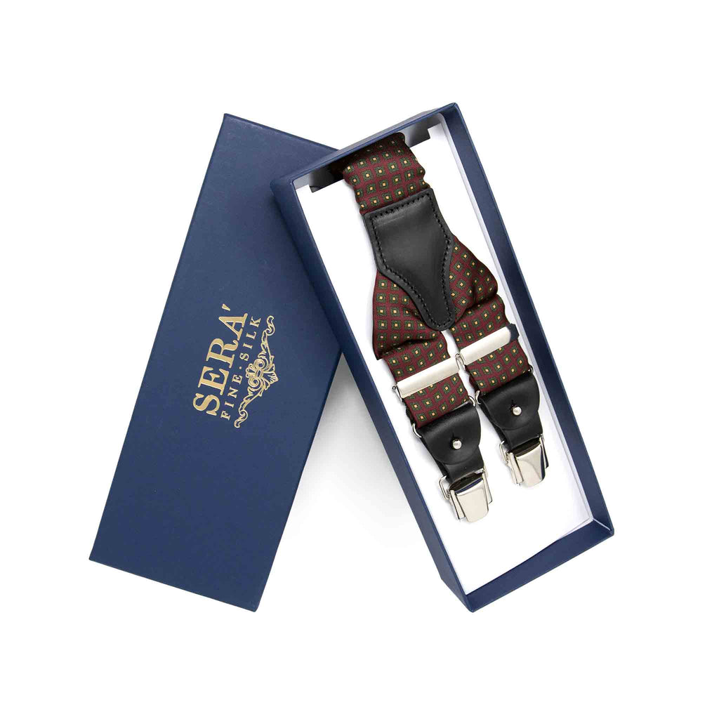 burgundy and green squares silk suspenders - serà fine silk
