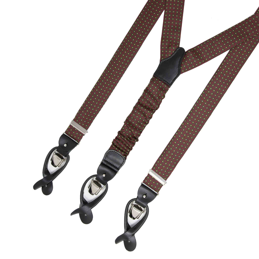 burgundy and green squares silk suspenders - serà fine silk