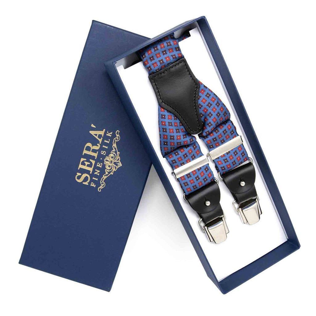 blue and red squares silk suspenders - serà fine silk
