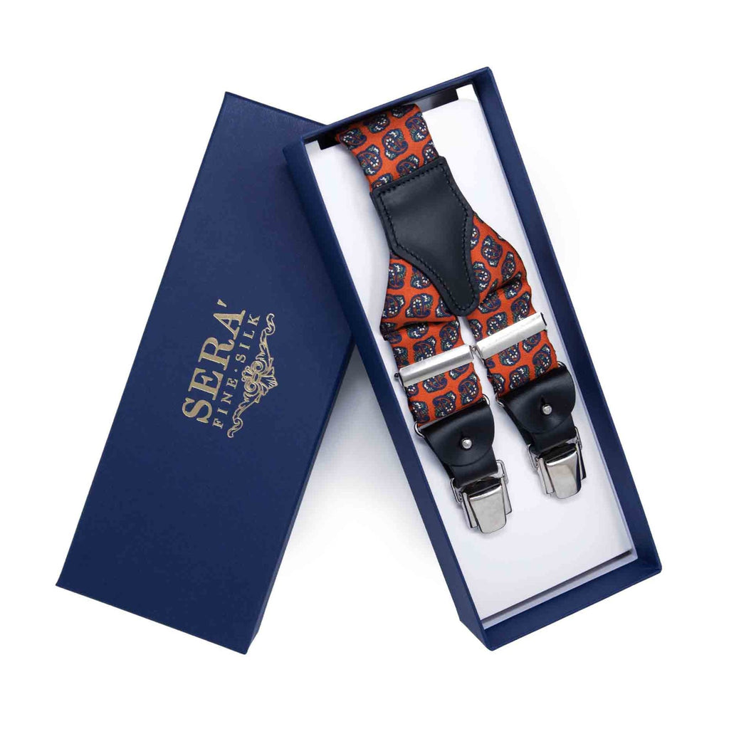 Orange and Navy Paisley Silk Suspenders Serà Fine Silk
