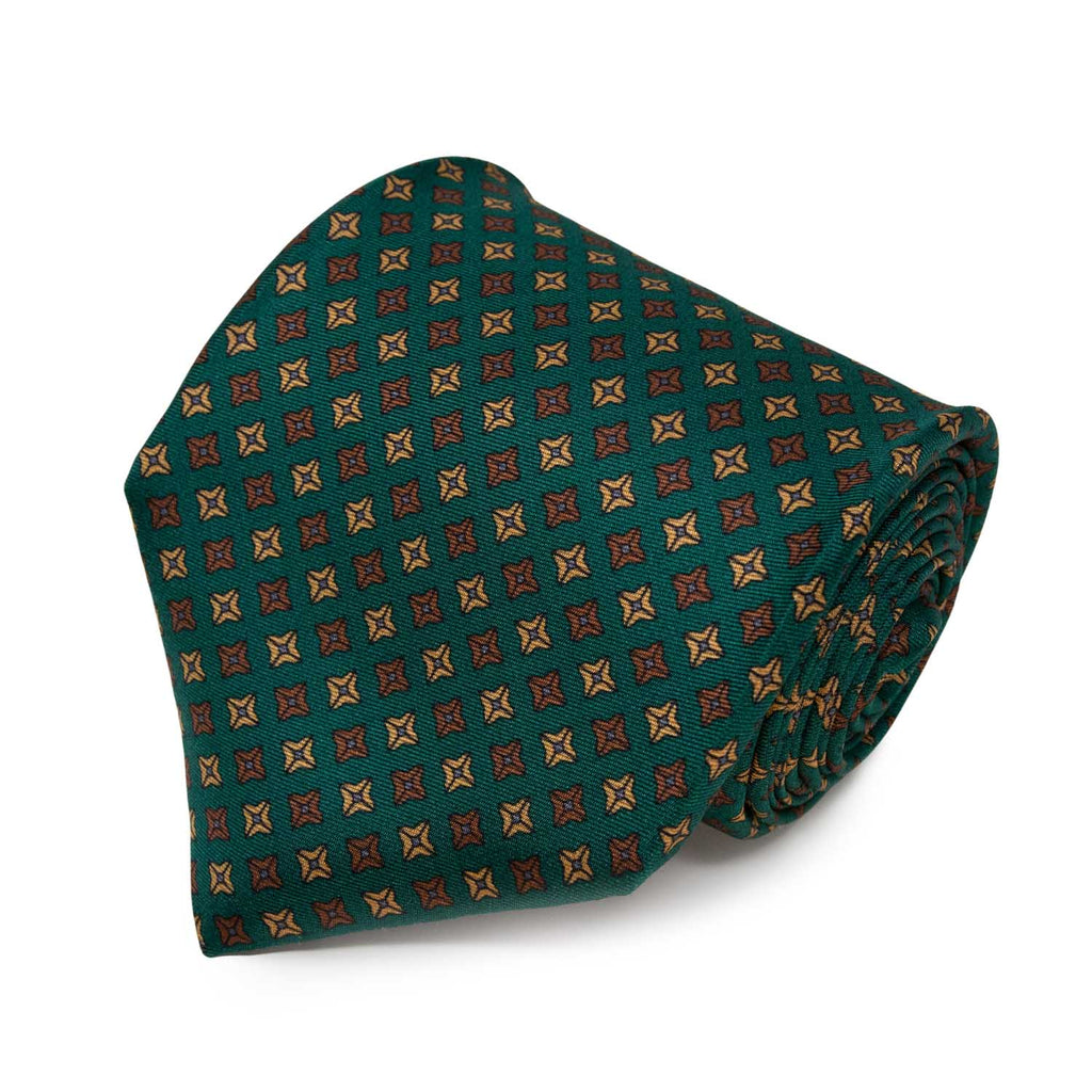 Green with Brown Square Dots Patterned Silk Tie - sera fine silk