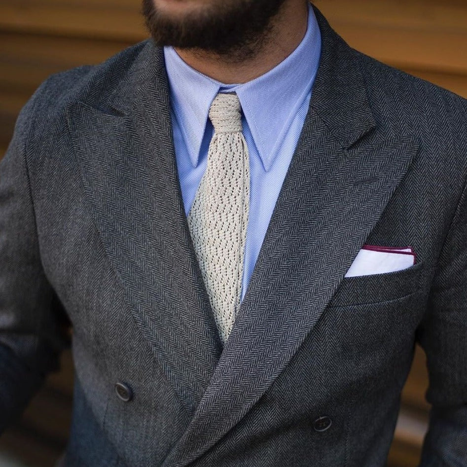 Sand Zig Zag V Point Knitted Silk Tie Serà Fine Silk