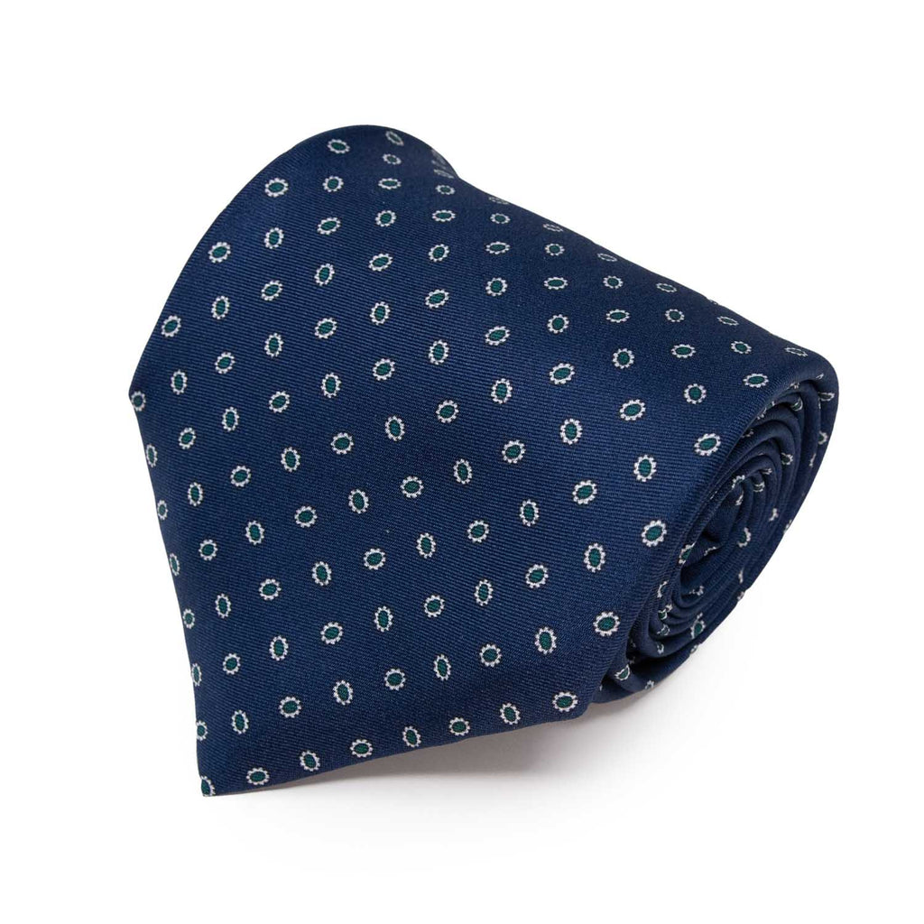 Mindnight Blue with Green Dots Patterned Silk Tie - sera fine silk