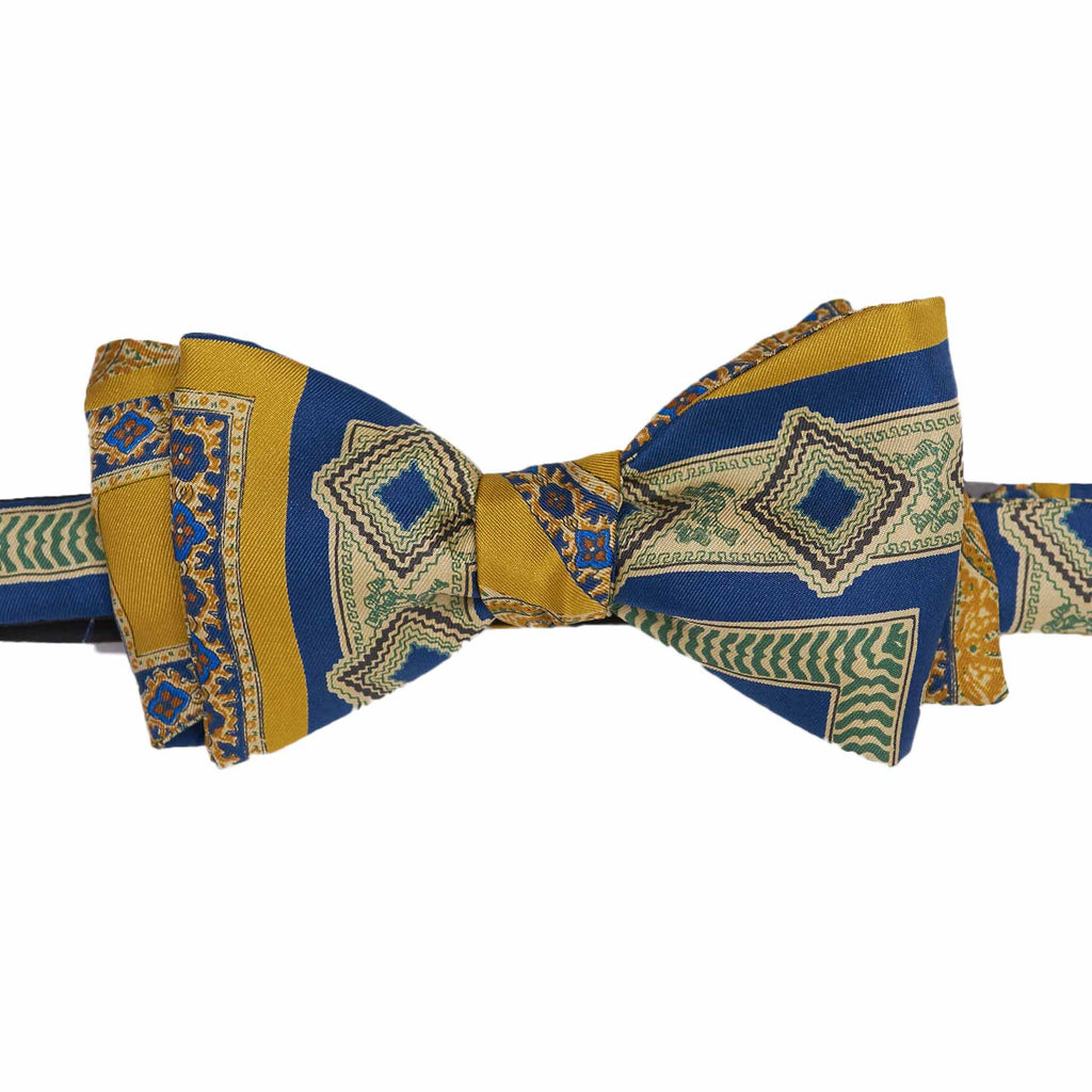 Blue and Gold Pattern Self-Tie Silk Bow Tie - serafinesilk