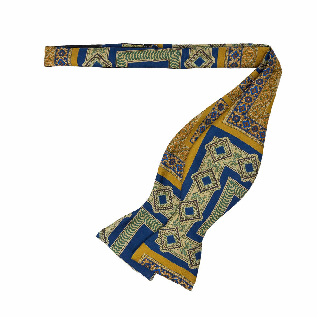 Blue and Gold Pattern Self-Tie Silk Bow Tie - serafinesilk