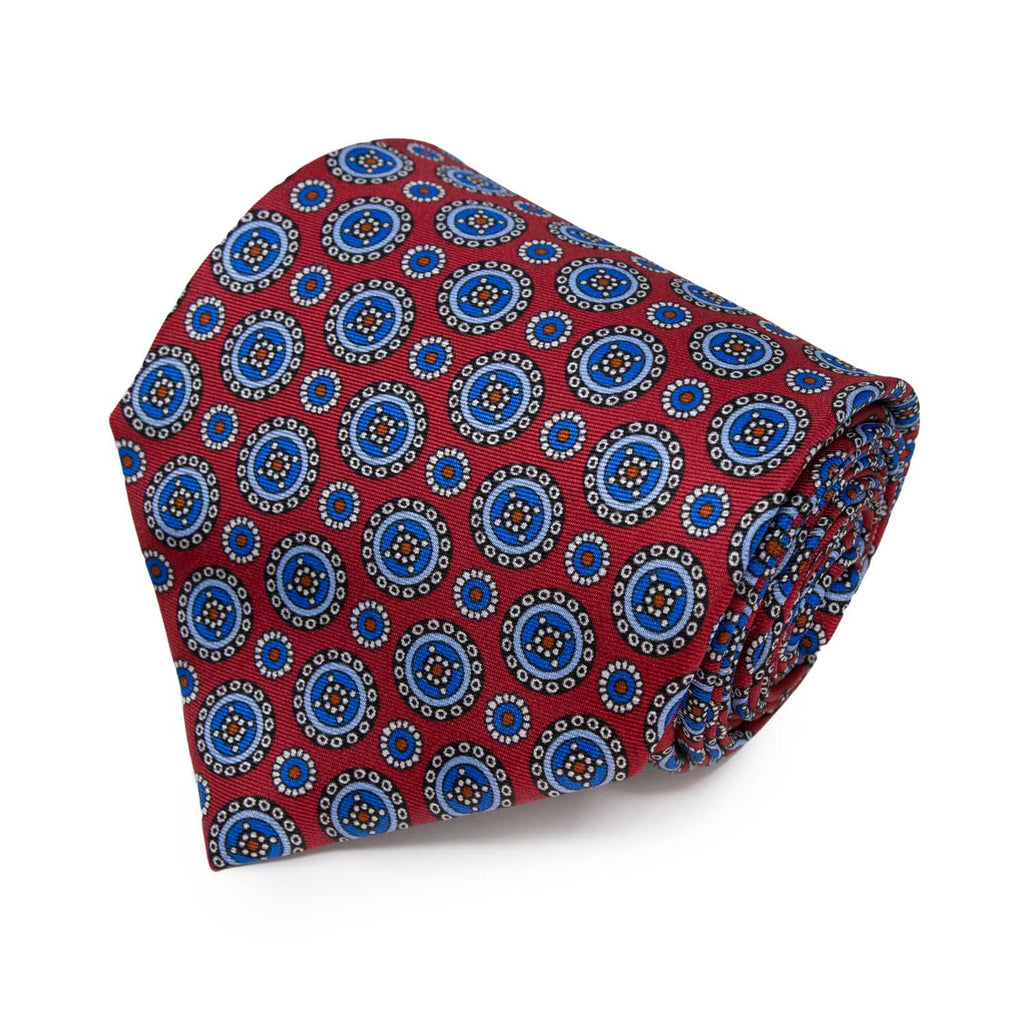 Red with Light Blue Round Pattern Silk Tie - sera fine silk