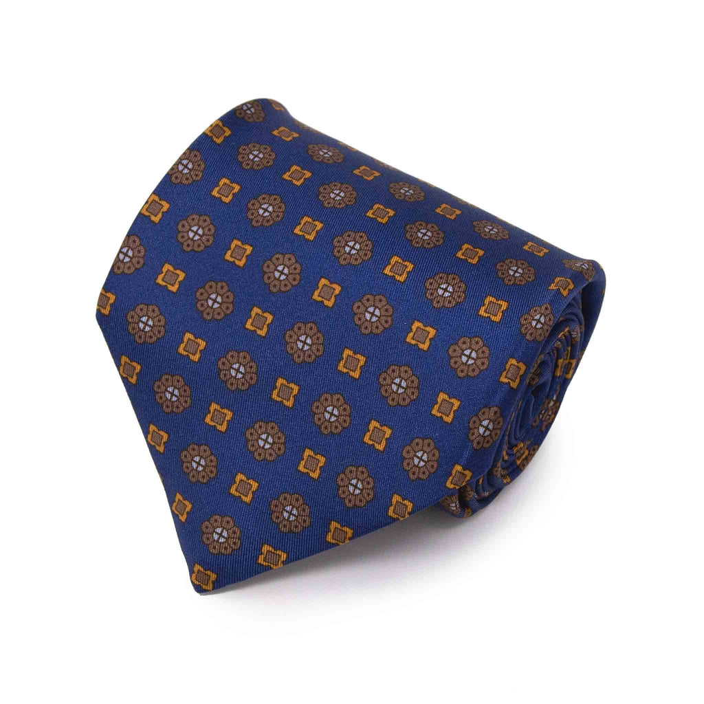 navy blue with brown flowers patterned silk tie - serà fine silk