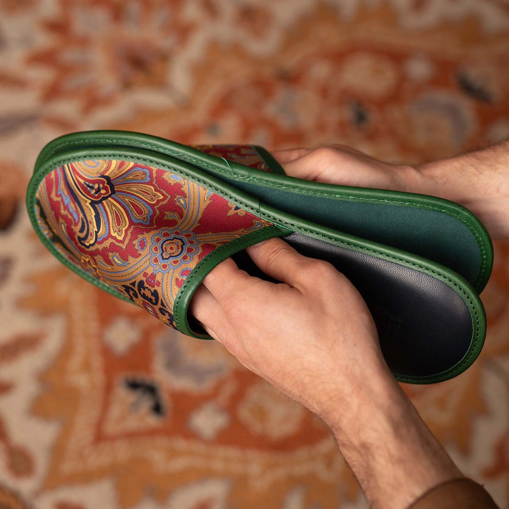 sera fine silk - green paisley silk and leather slippers