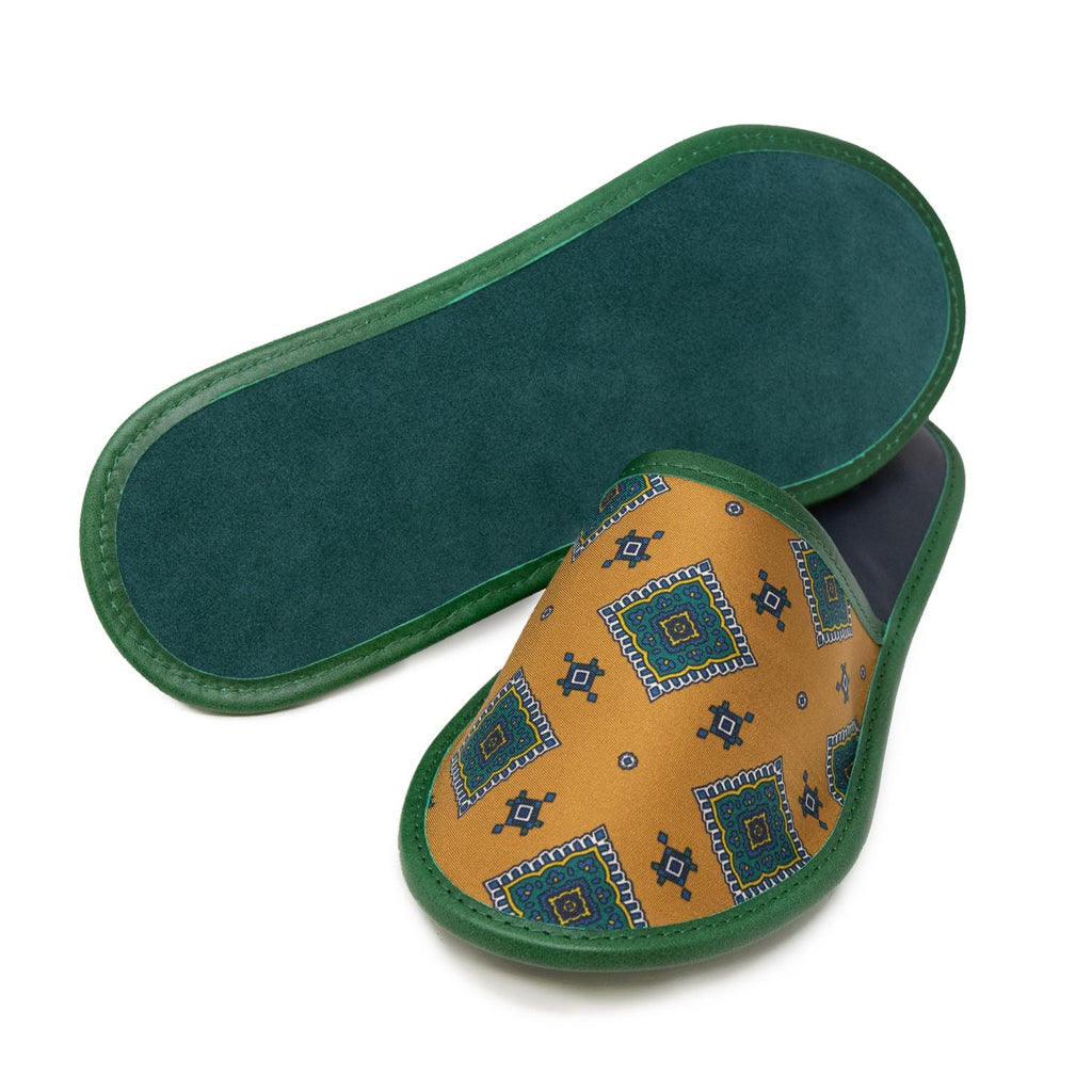 serà fine silk - Gold and green with Medallions Silk & Leather Slippers