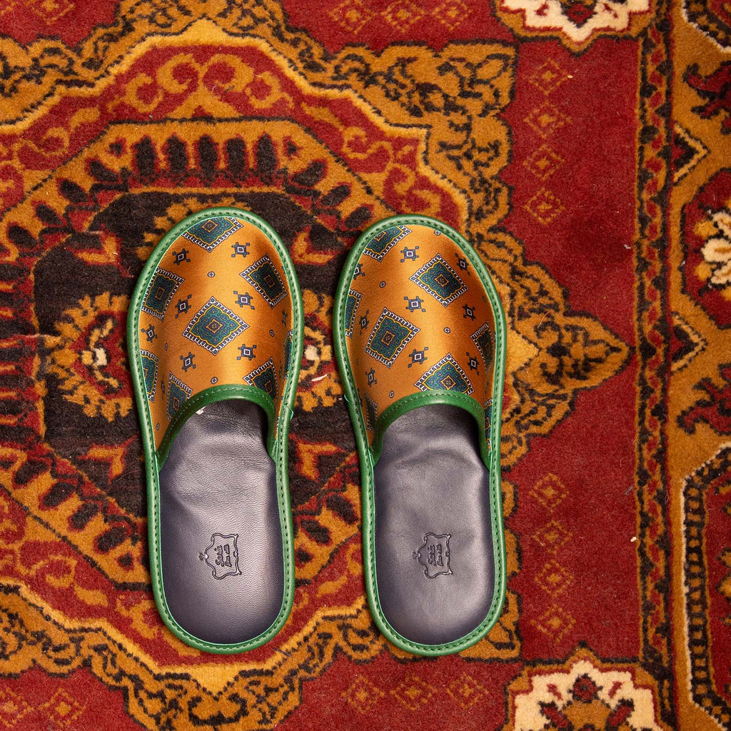 serà fine silk - Gold and green with Medallions Silk & Leather Slippers