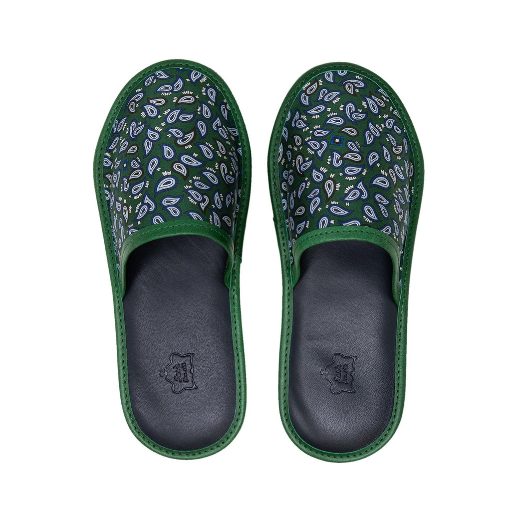 serà fine silk - Green with Small Paisley Silk & Leather Slippers