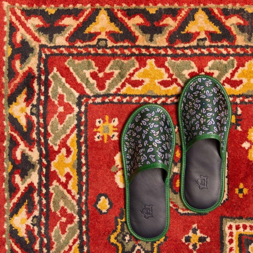 serà fine silk - Green with Small Paisley Silk & Leather Slippers