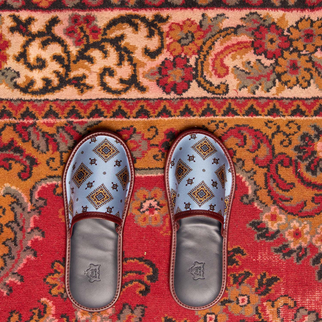 serà fine silk - Light Blue and Burgundy with Medallions Silk & Leather Slippers